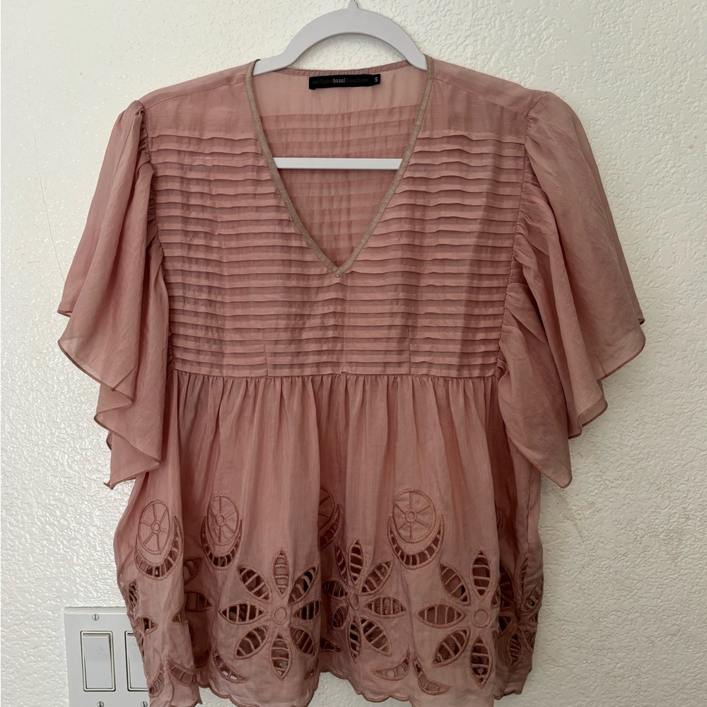 Hazel, blush pink, top, blouse, pretty detail, eyelet, silk, flounce, boho